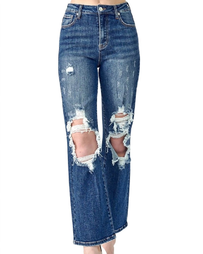 Front of a model wearing a size 1XL Straight Leg High Rise Jean In Dark Wash in Dark Wash by RISEN. | dia_product_style_image_id:355874